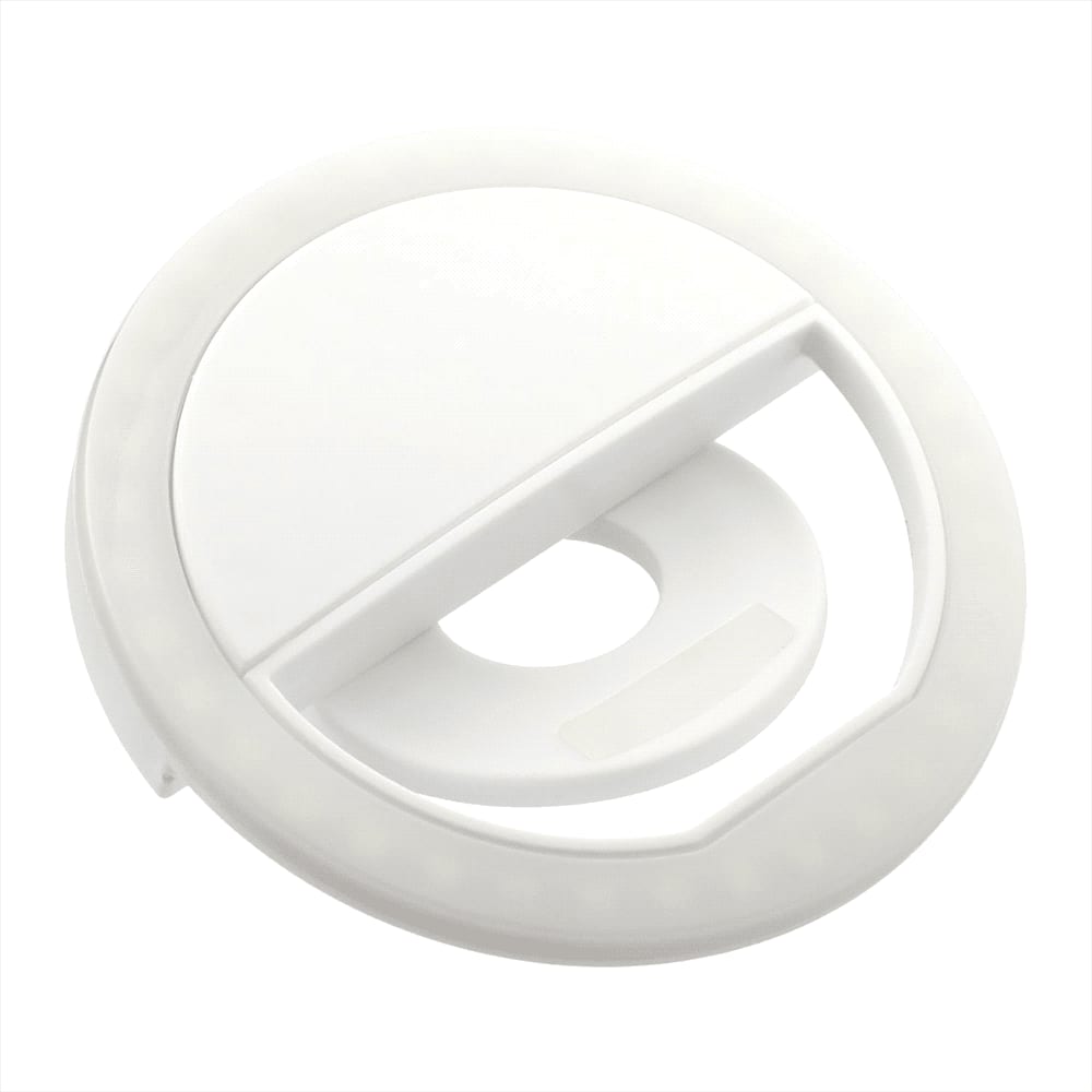 A white circular LED light with a flat base and a semi-circular opening for mounting. It features a smooth finish and has a logo.