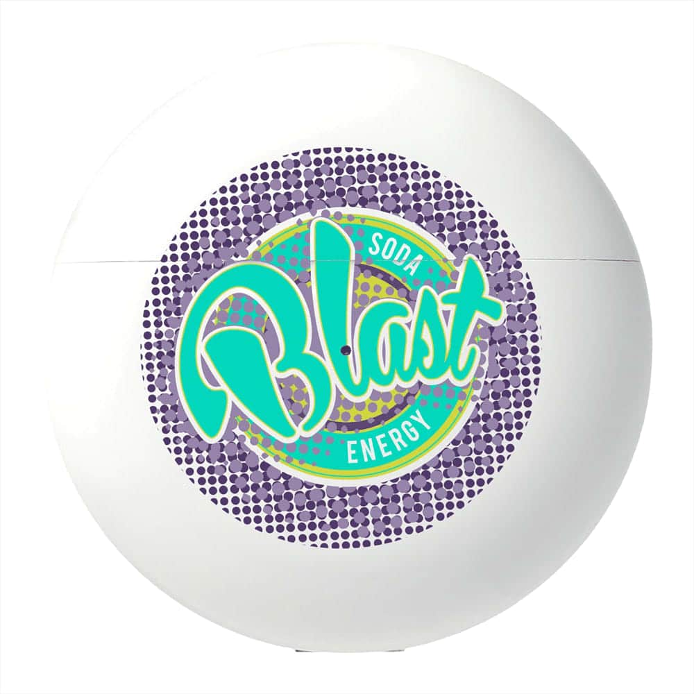 A round white container with a vibrant blue and green logo featuring the word 