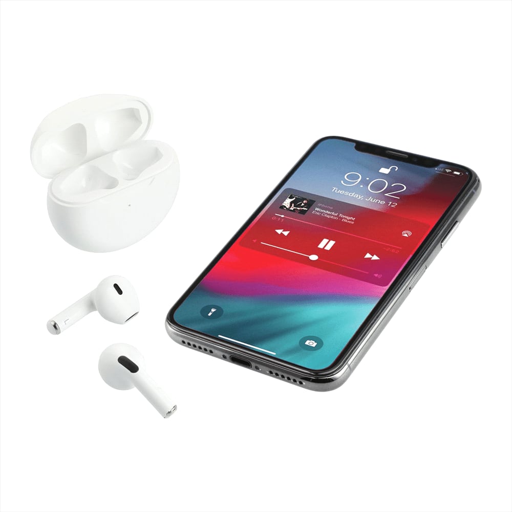 True wireless earbuds in white, alongside a smartphone displaying a music player interface and a charging case.