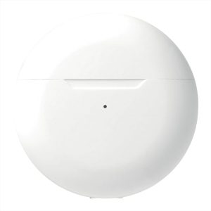 A white circular charging case for wireless earbuds, featuring a small indicator light and a minimalist design.