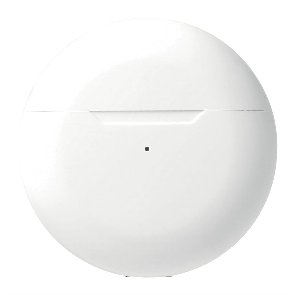 A white circular charging case for wireless earbuds, featuring a small indicator light and a minimalist design.