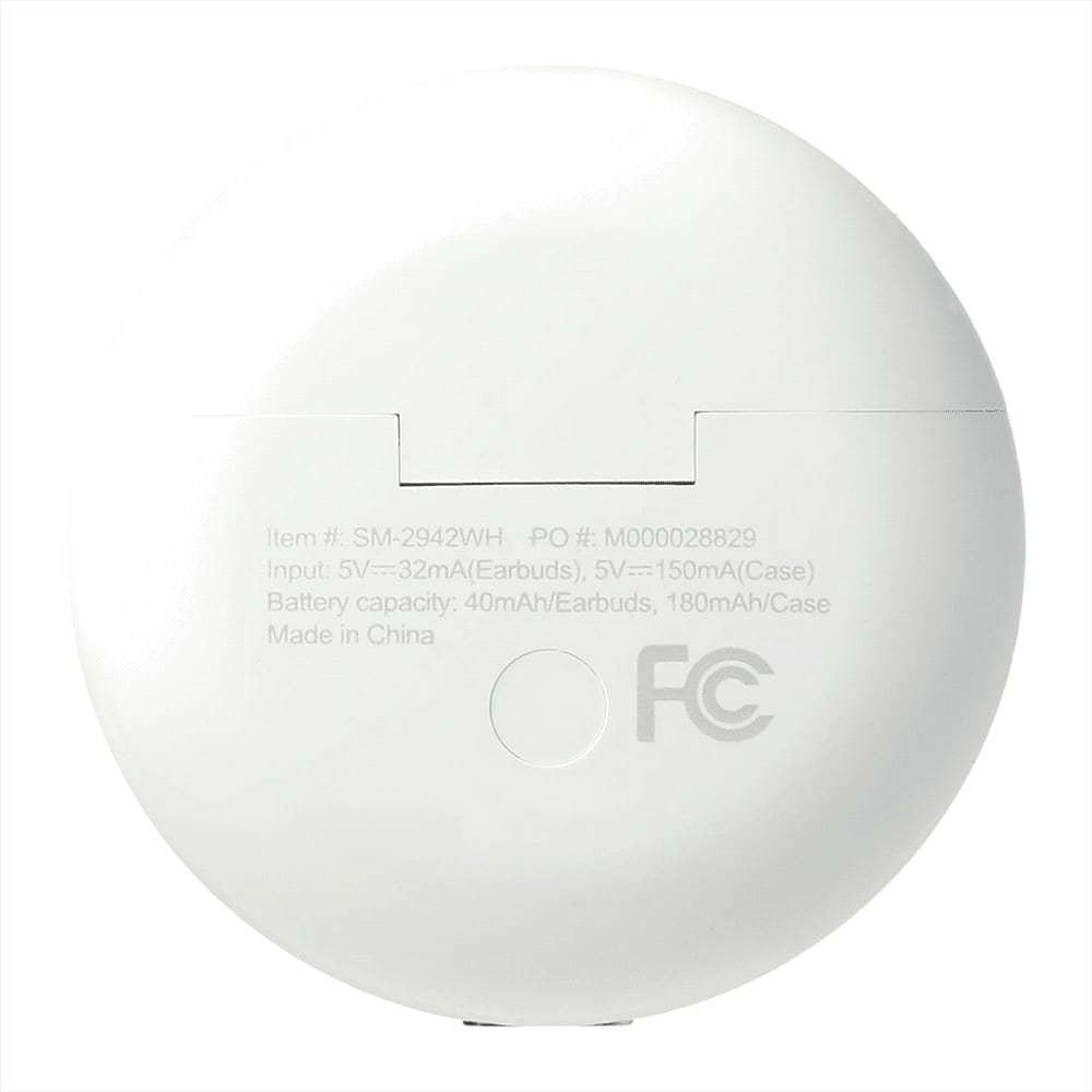 A white charging case for wireless earbuds featuring a round design and a branding logo on the surface.