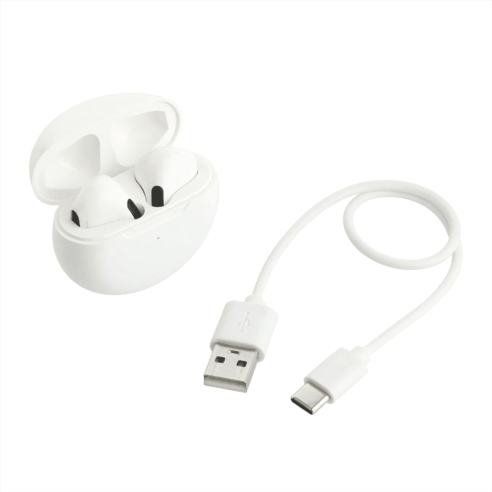 True wireless earbuds in a white case accompanied by a USB-C charging cable.