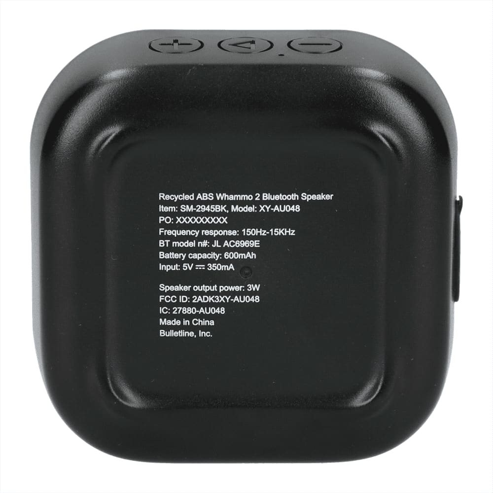 A black Recycled ABS Whammo 2 Bluetooth Speaker with control buttons on top and rounded corners.