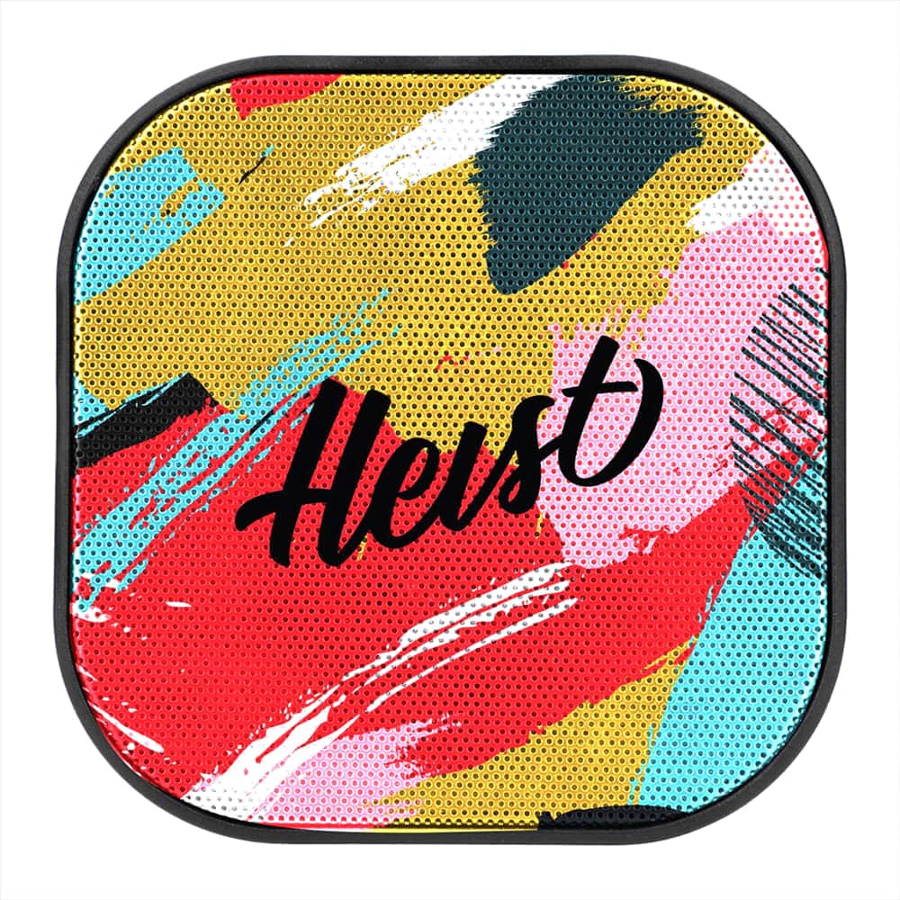 A vibrant, multi-coloured Bluetooth speaker featuring an abstract design with bold brush strokes and a logo.