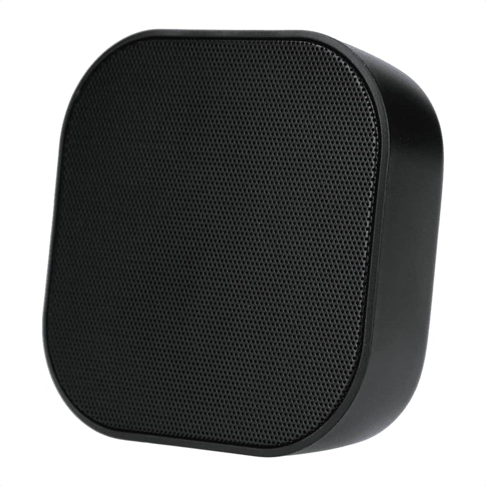 A black Bluetooth speaker with a textured mesh surface and rounded edges, featuring a logo on the side.