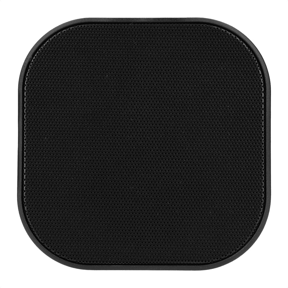 A black Bluetooth speaker with a smooth, rounded edge design and a textured surface. It features a branding logo.
