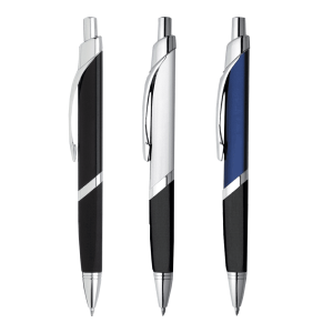 A set of three metal pens in black, silver, and blue, each featuring a sleek design and a clip.