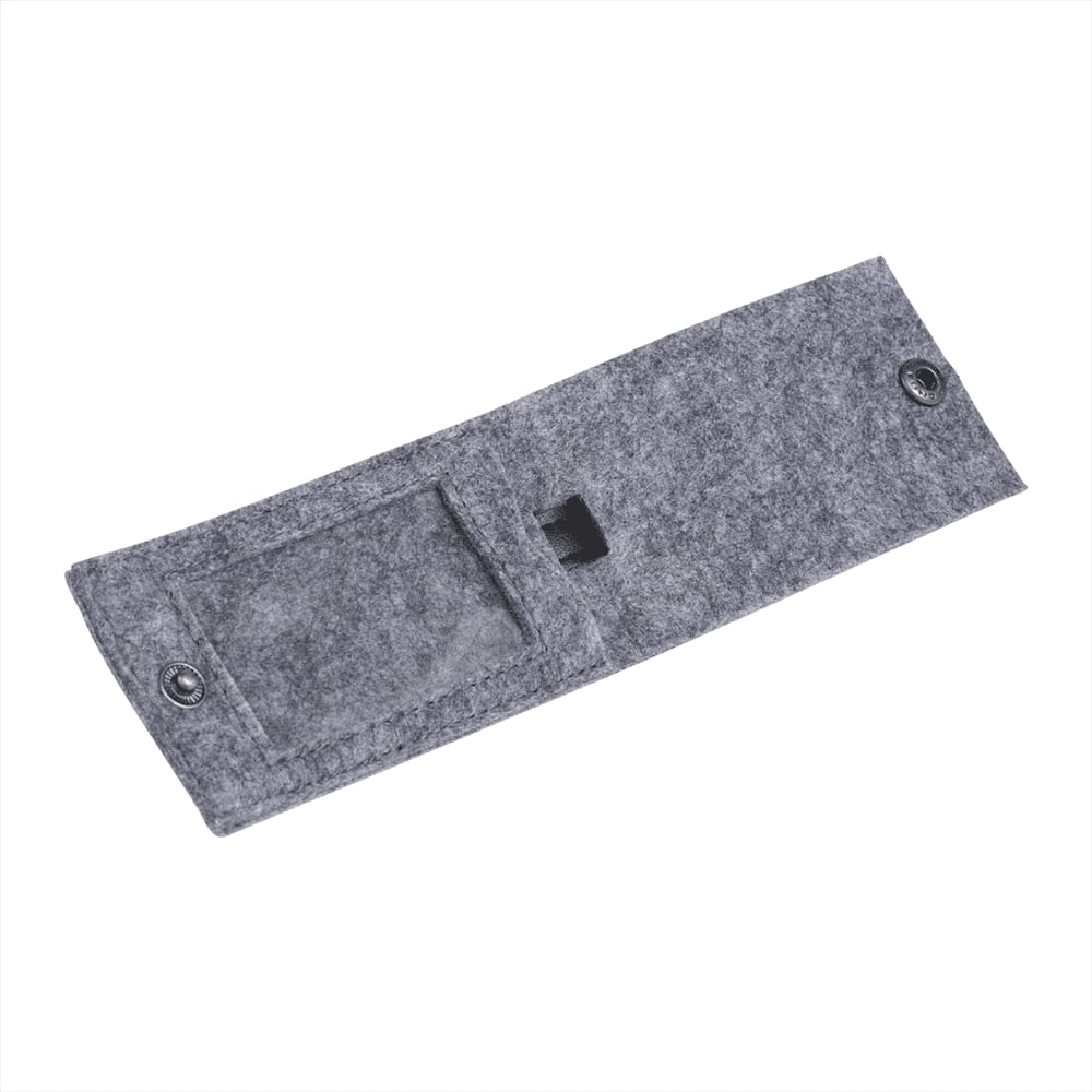 A grey recycled felt luggage tag featuring a clear pocket and a button closure. Includes a branding logo.