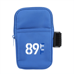 A drink bottle pouch in blue, featuring a zippered pocket and a strap. It has a logo on the front.