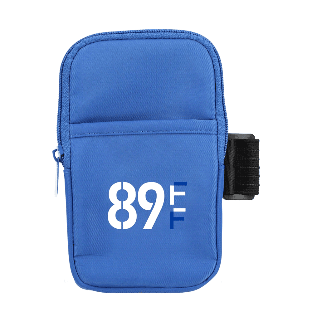 A drink bottle pouch in blue, featuring a zippered pocket and a strap. It has a logo on the front.