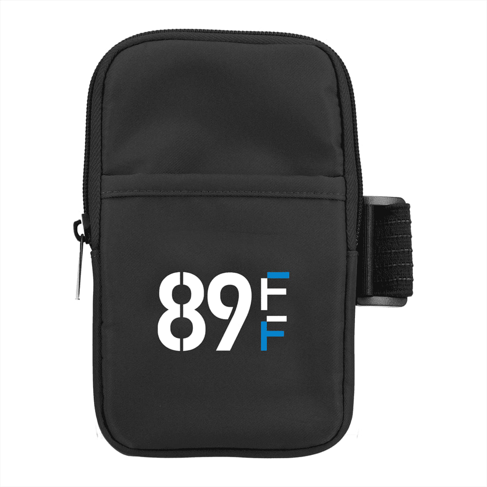 A drink bottle pouch in black with a zip closure and a strap, featuring a logo.