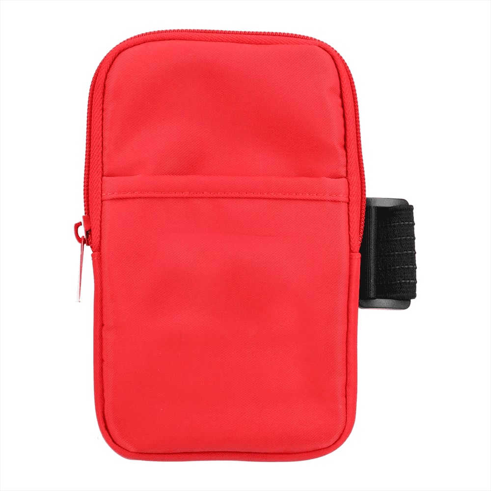 A drink bottle pouch in bright red, featuring a zippered compartment and a strap on the side. It has a logo.