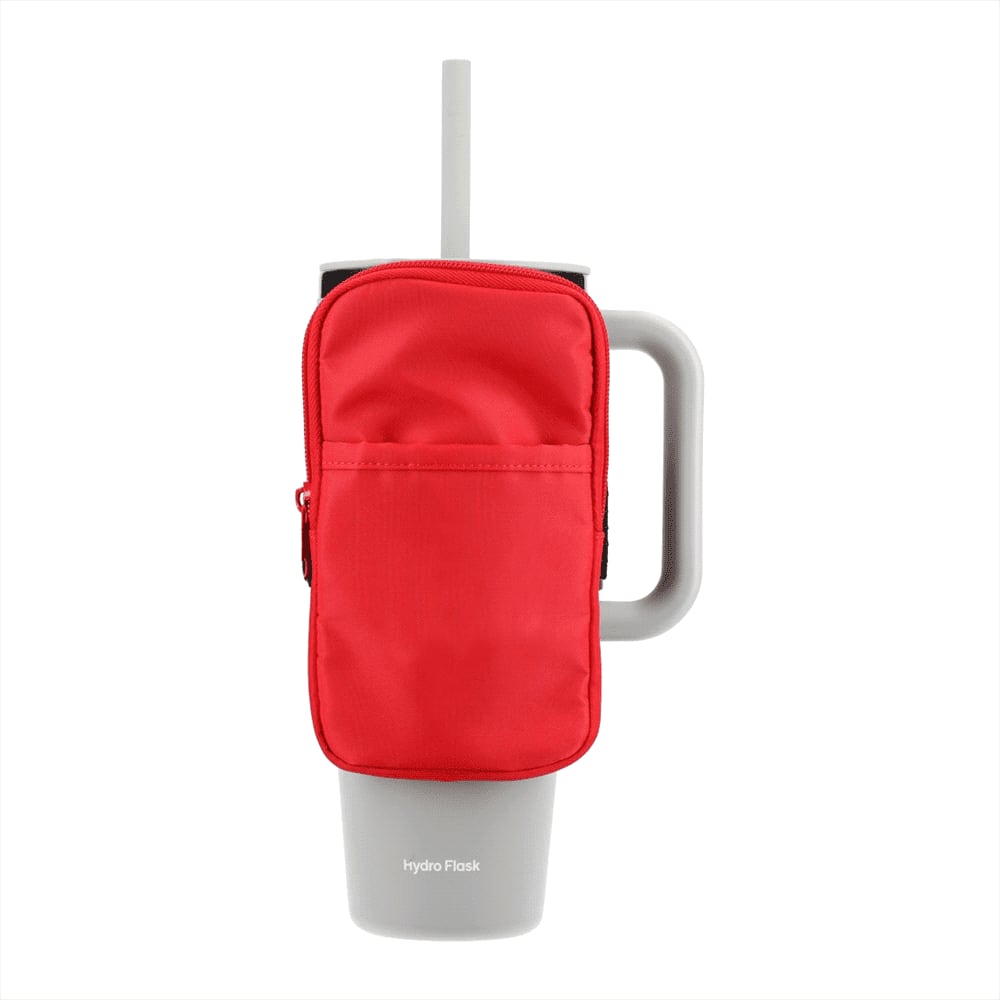 A drink bottle pouch in red, with a zippered pocket, designed to hold a water bottle securely.