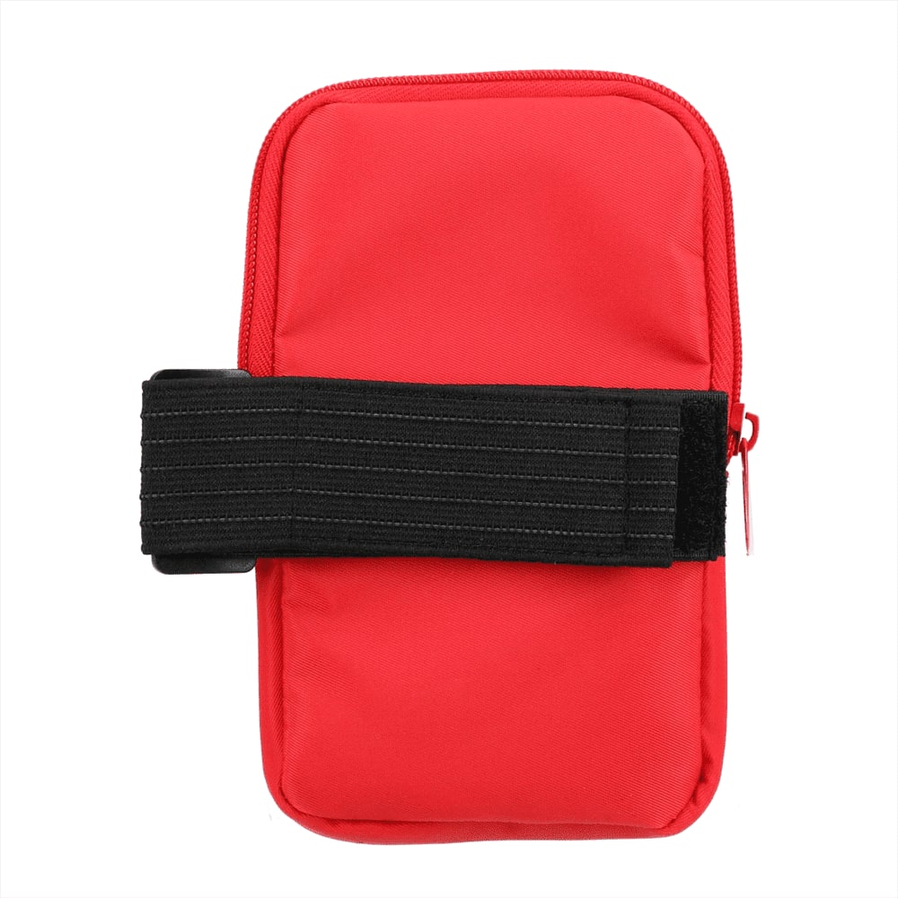 A drink bottle pouch in bright red, featuring a zip closure and a black elastic strap. It includes a logo.