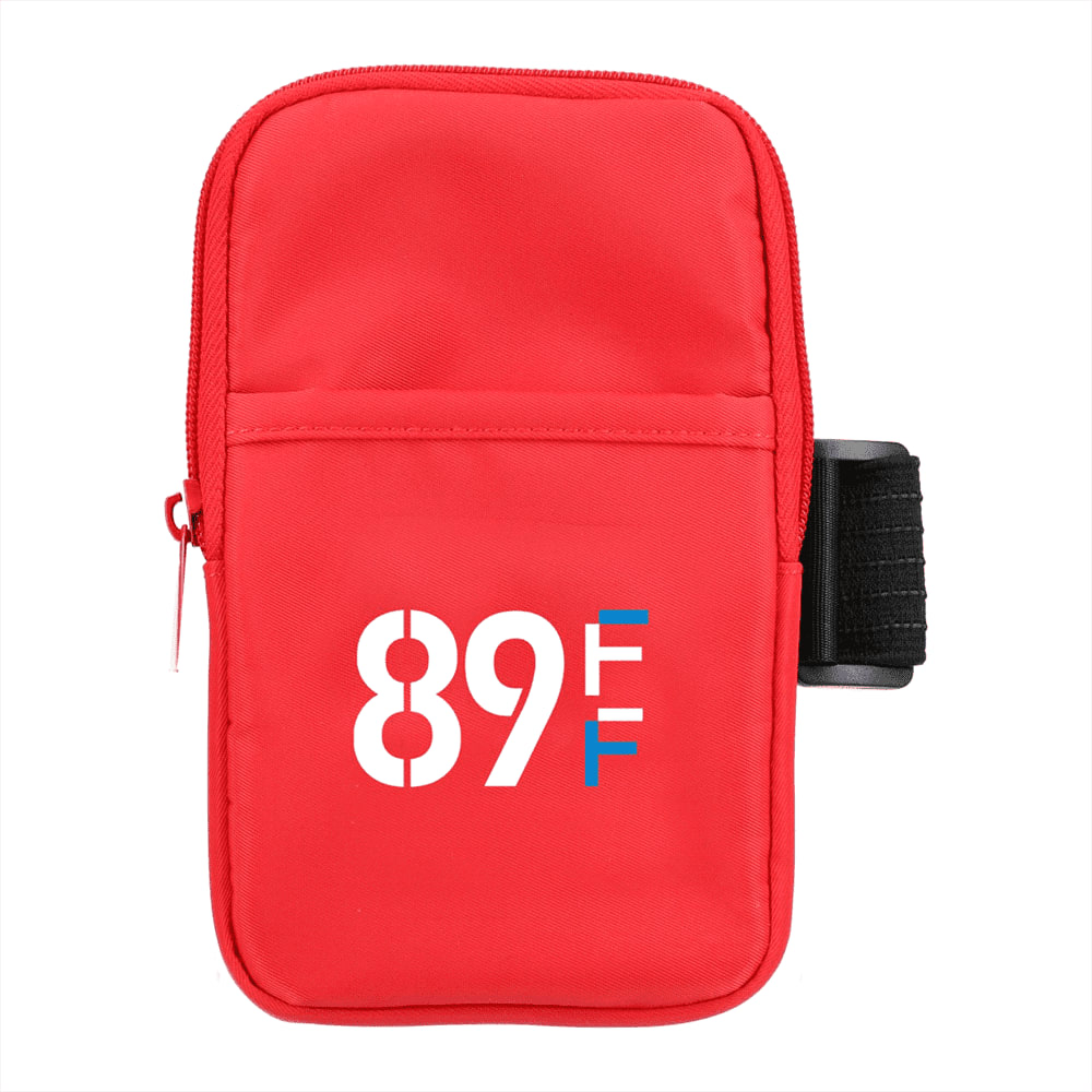 A drink bottle pouch in vibrant red with a zip closure, featuring a logo and a side strap.