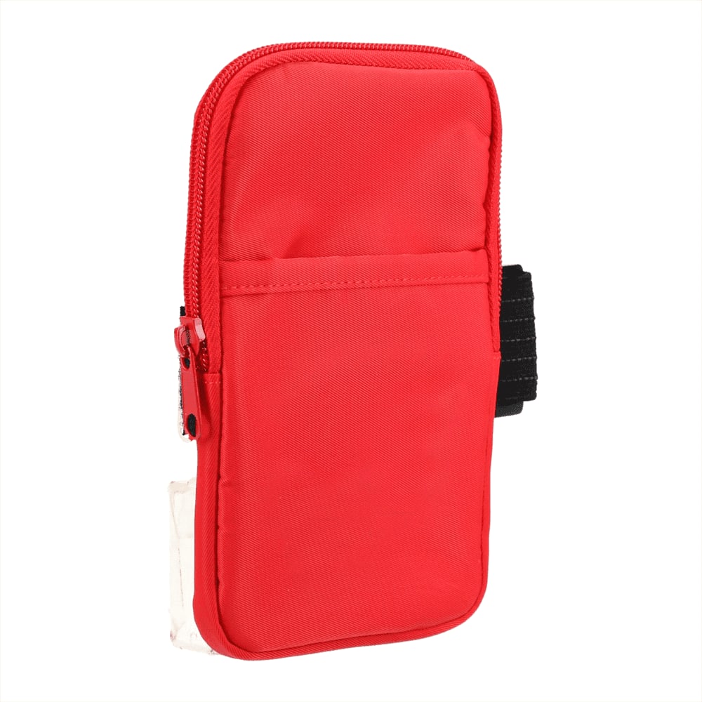 A drink bottle pouch in vibrant red with a zip closure and black strap for attachment. It features a logo.