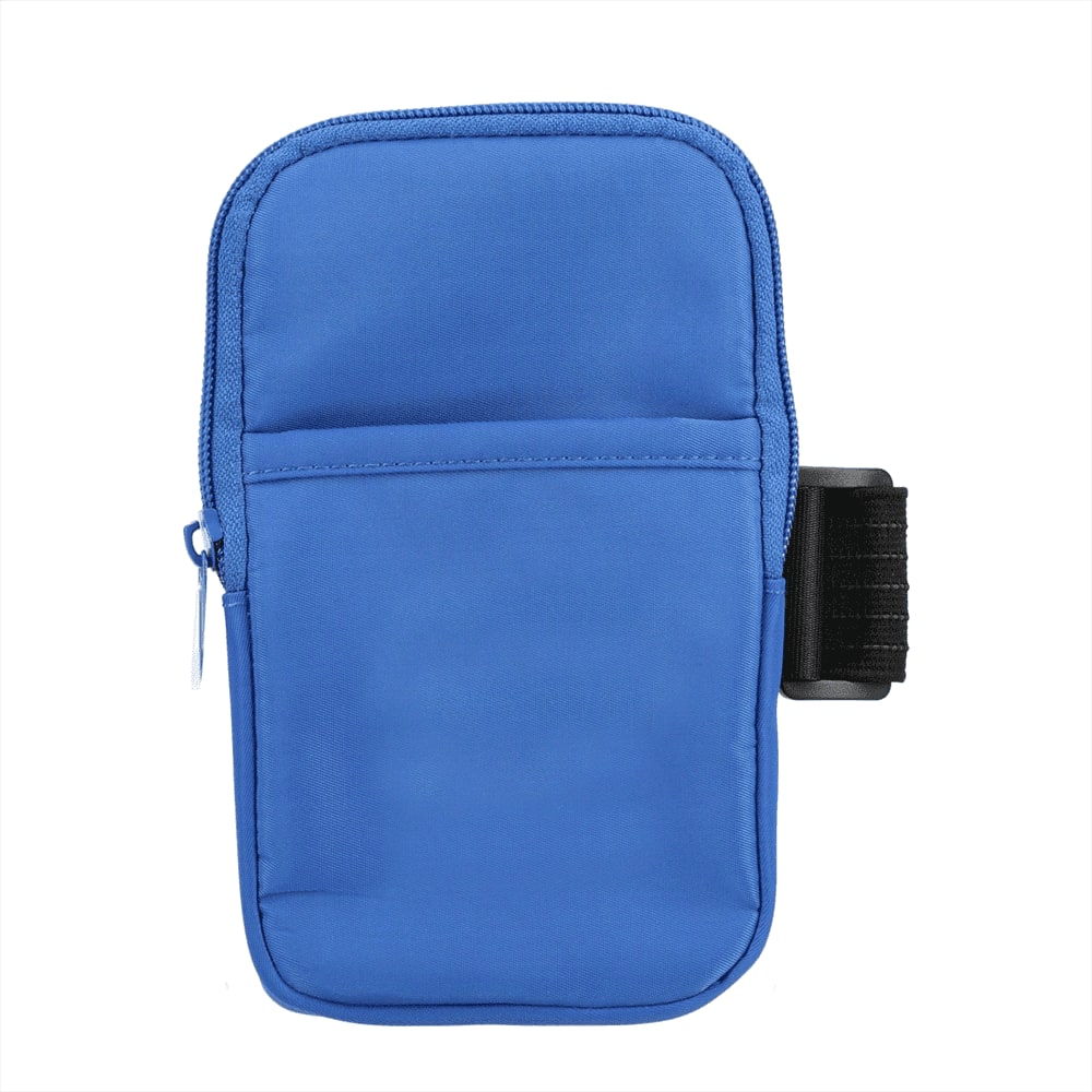 A drink bottle pouch in blue, featuring a zippered compartment and an adjustable strap for secure attachment.