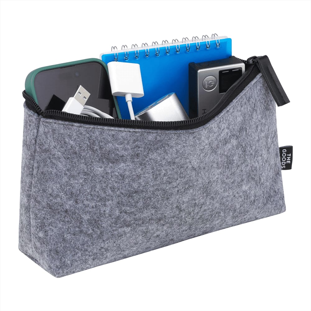 A grey zippered pouch containing a phone, charger, notebook, and various small items. It has a branding logo.