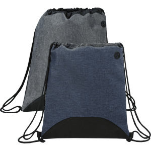 Two drawstring sportspacks in grey and navy blue, each featuring a logo and black base.