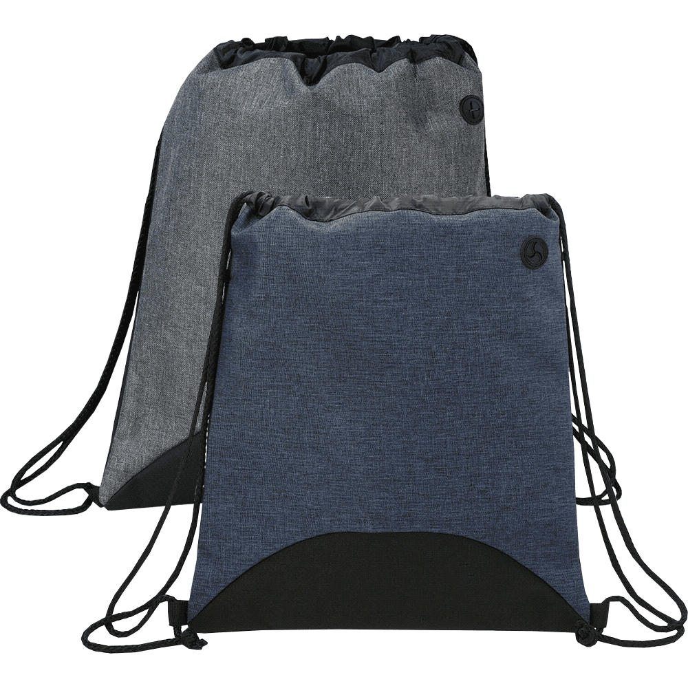Two drawstring sportspacks in grey and navy blue, each featuring a logo and black base.