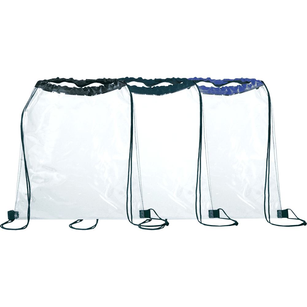 Three clear drawstring sportspacks in black, purple, and blue, featuring drawstring closures and branding.