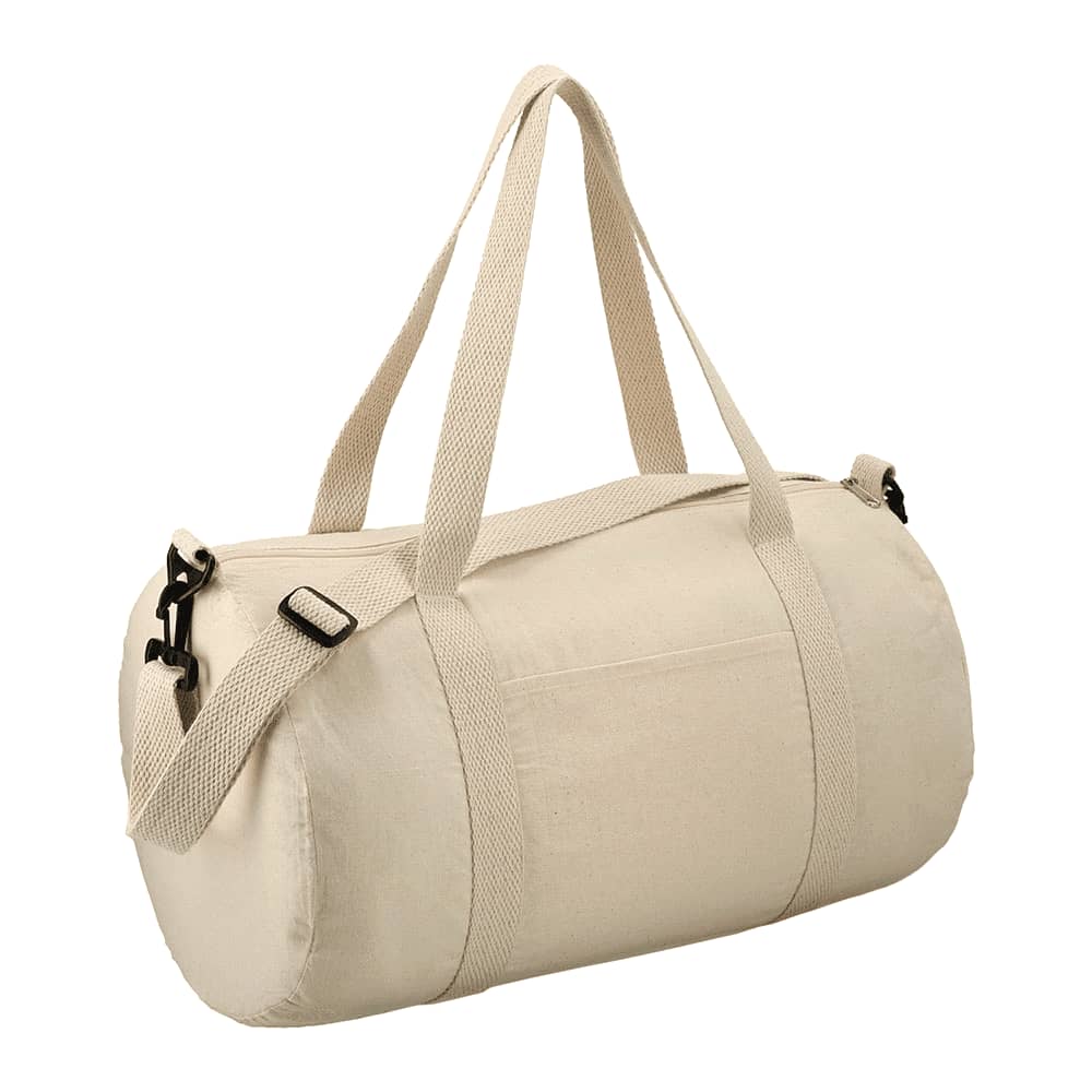 A cream-coloured Cotton 18 Barrel Duffel bag with long handles and an adjustable strap. It features a small pocket and a logo.