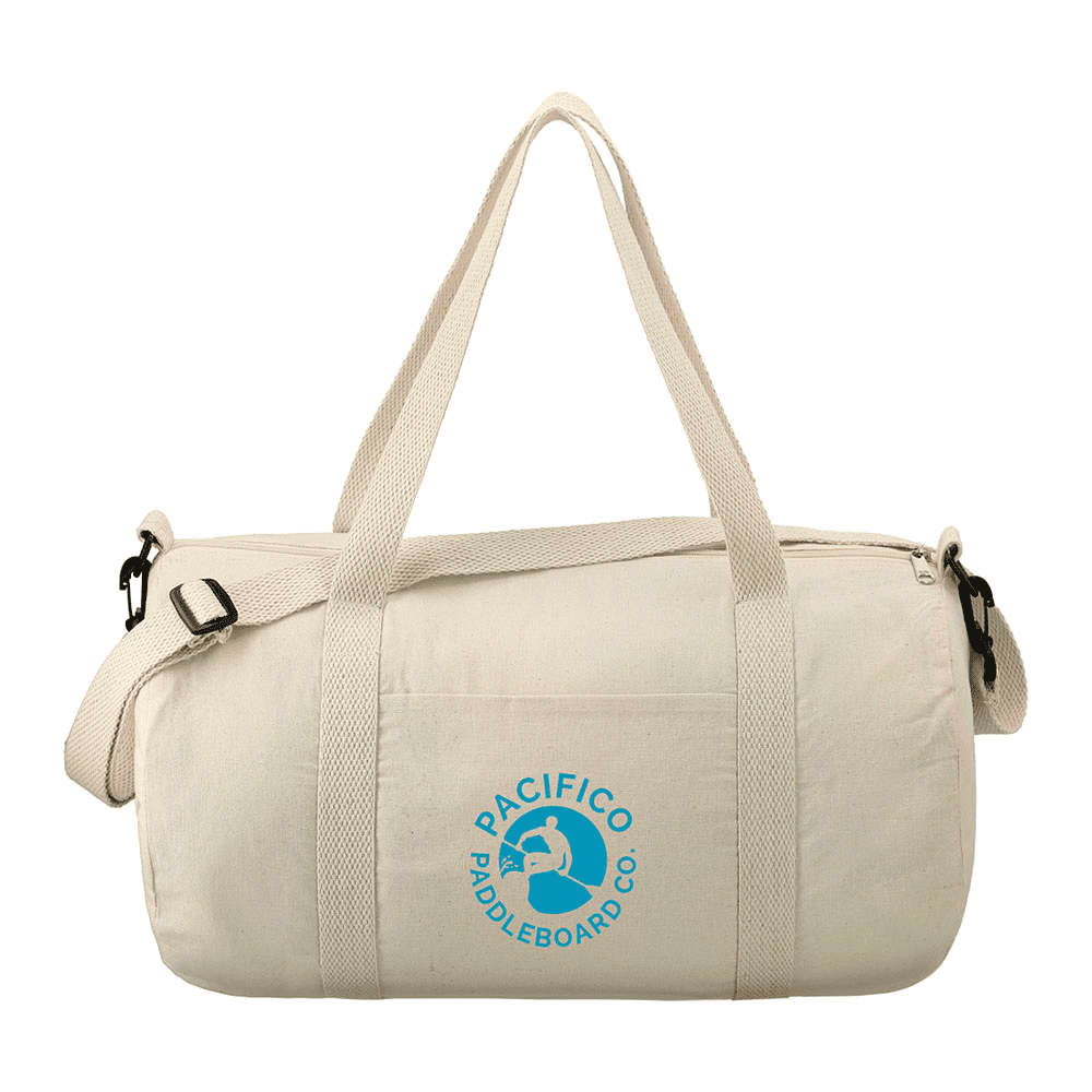 A cream cotton barrel duffel bag with shoulder strap and featuring a logo on the front.
