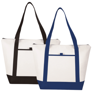 A non-woven boat tote cooler featuring black and navy detailing with a spacious design and logo.