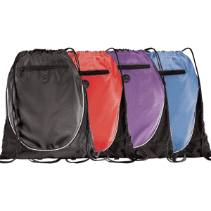 A set of four drawstring sportspacks in black, red, purple, and blue, each with a logo and mesh sides.