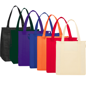 A collection of insulated grocery totes in black, green, purple, blue, orange, red, and cream, showcasing a variety of colours.