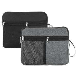 A multi-purpose travel bag in black and grey, with multiple zippered pockets and a stylish design.