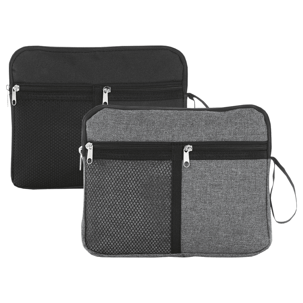 A multi-purpose travel bag in black and grey, with multiple zippered pockets and a stylish design.