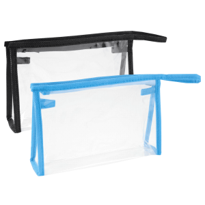 Two transparent toiletry bags, one with a black frame and the other with a blue frame, both featuring a zip closure.