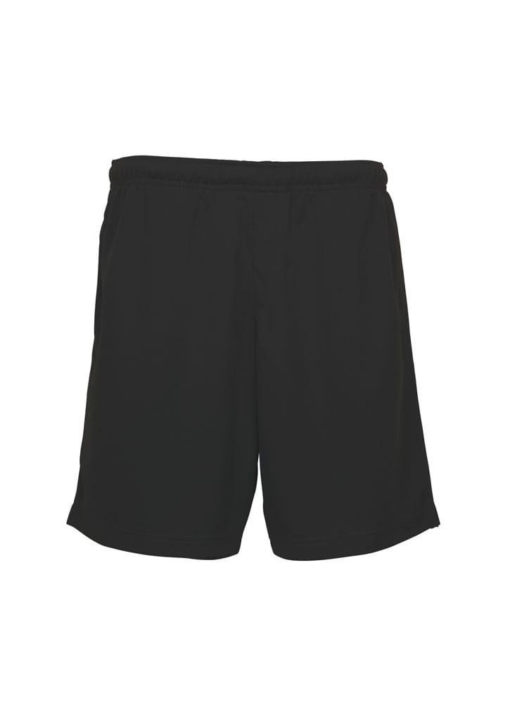 Black sports shorts with an elastic waistband and side pockets. The shorts feature a logo.