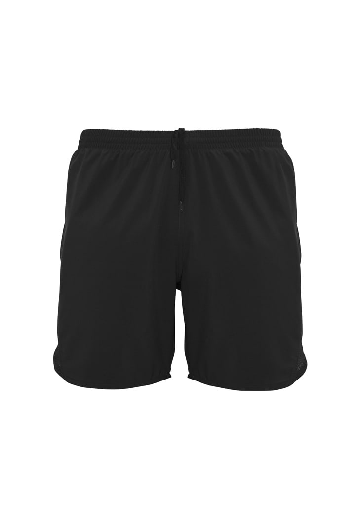 Black sports shorts featuring an elastic waistband and side pockets, complete with a branding logo.