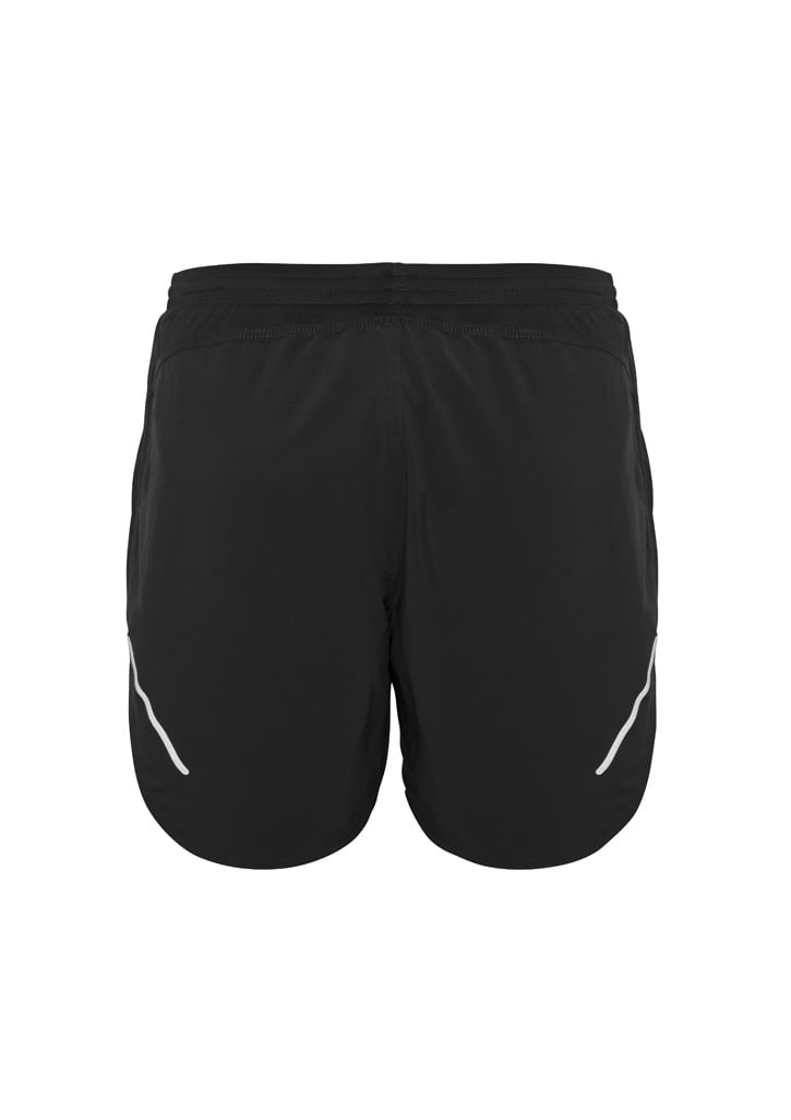 Black sports shorts featuring a logo and reflective detailing on the sides.