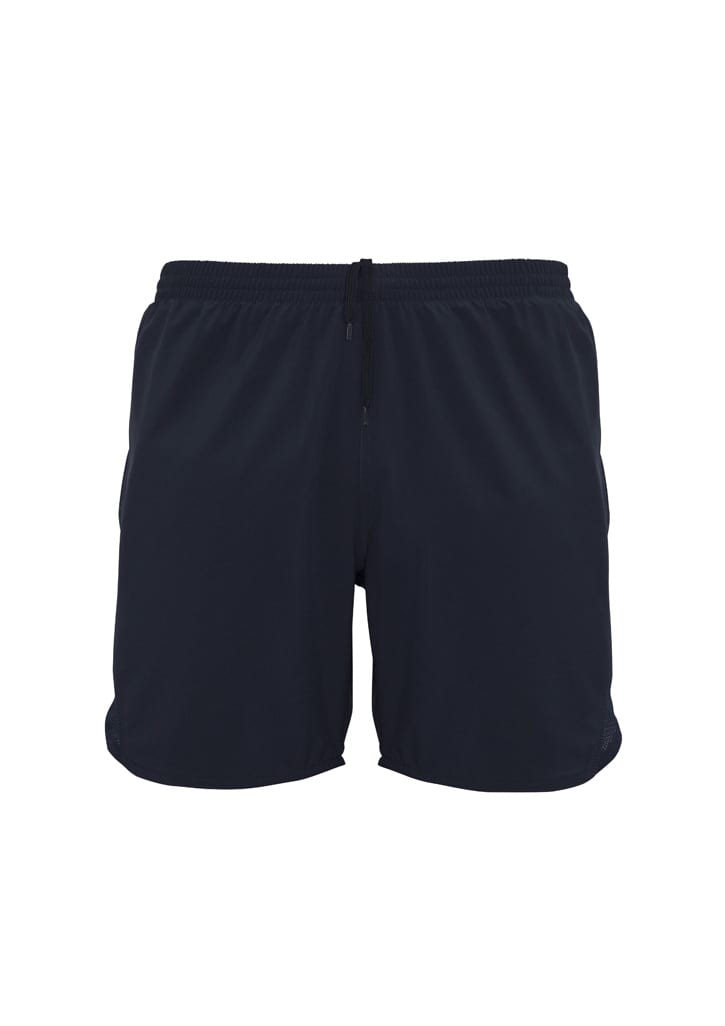 Navy blue sports shorts featuring an elastic waistband and a logo. Ideal for activewear and comfortable movement.