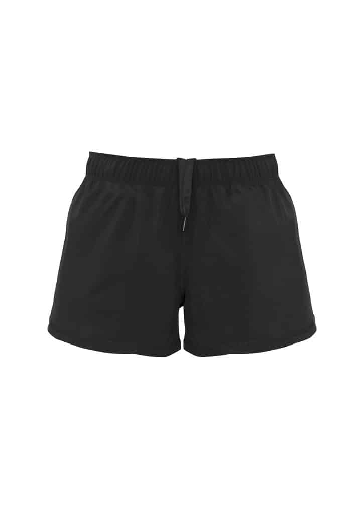 A pair of black women's sports shorts featuring an elastic waistband with a drawstring.