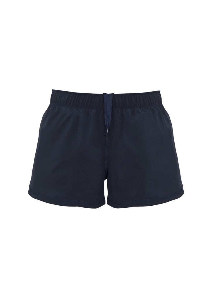 A pair of dark navy women's sports shorts with an elastic waistband and drawstring detail. Features a logo.