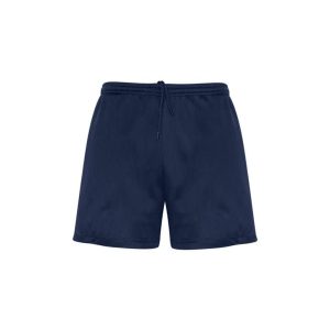 Navy sports shorts featuring an elastic waistband and drawstring, suitable for kids. Contains a logo.