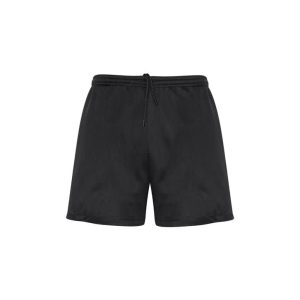 A pair of black sports shorts with a drawstring waist and a logo on one side.