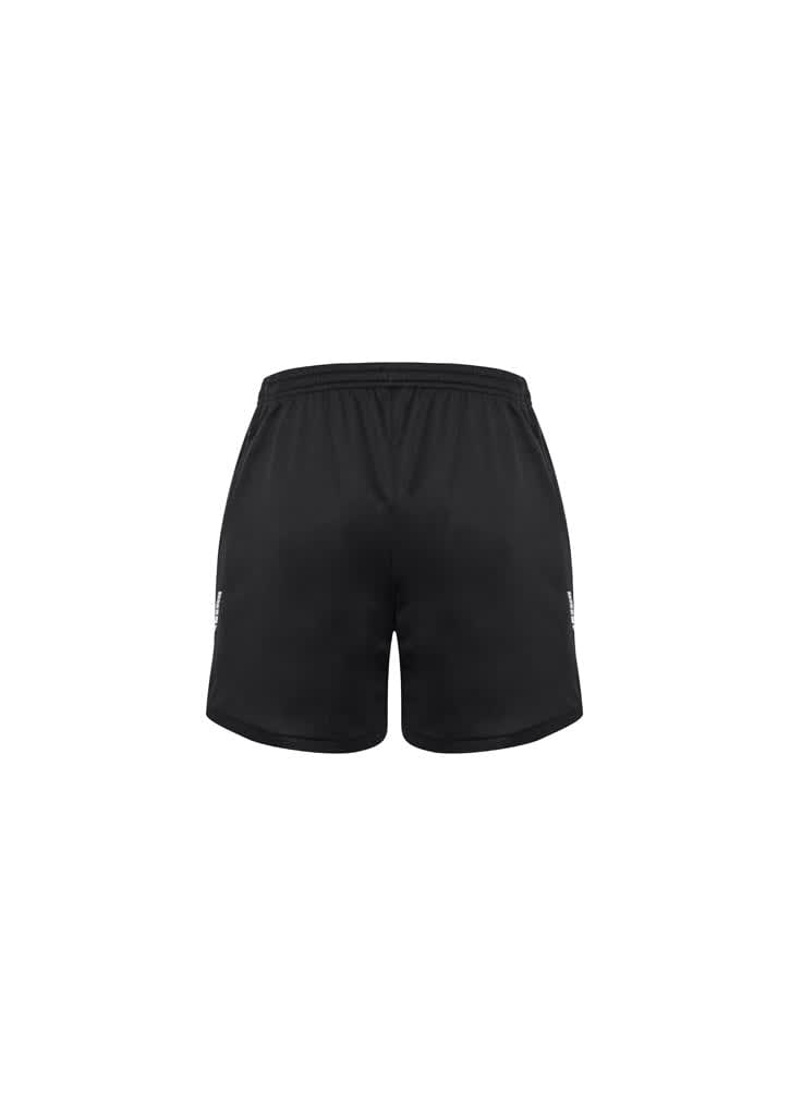 A pair of black sports shorts with an elastic waistband and a logo on the side.