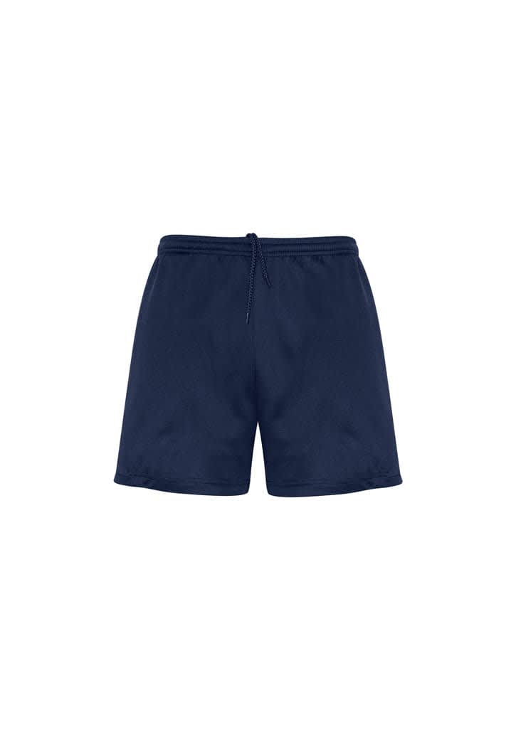 A pair of navy blue sports shorts with an adjustable drawstring waistband and a logo.