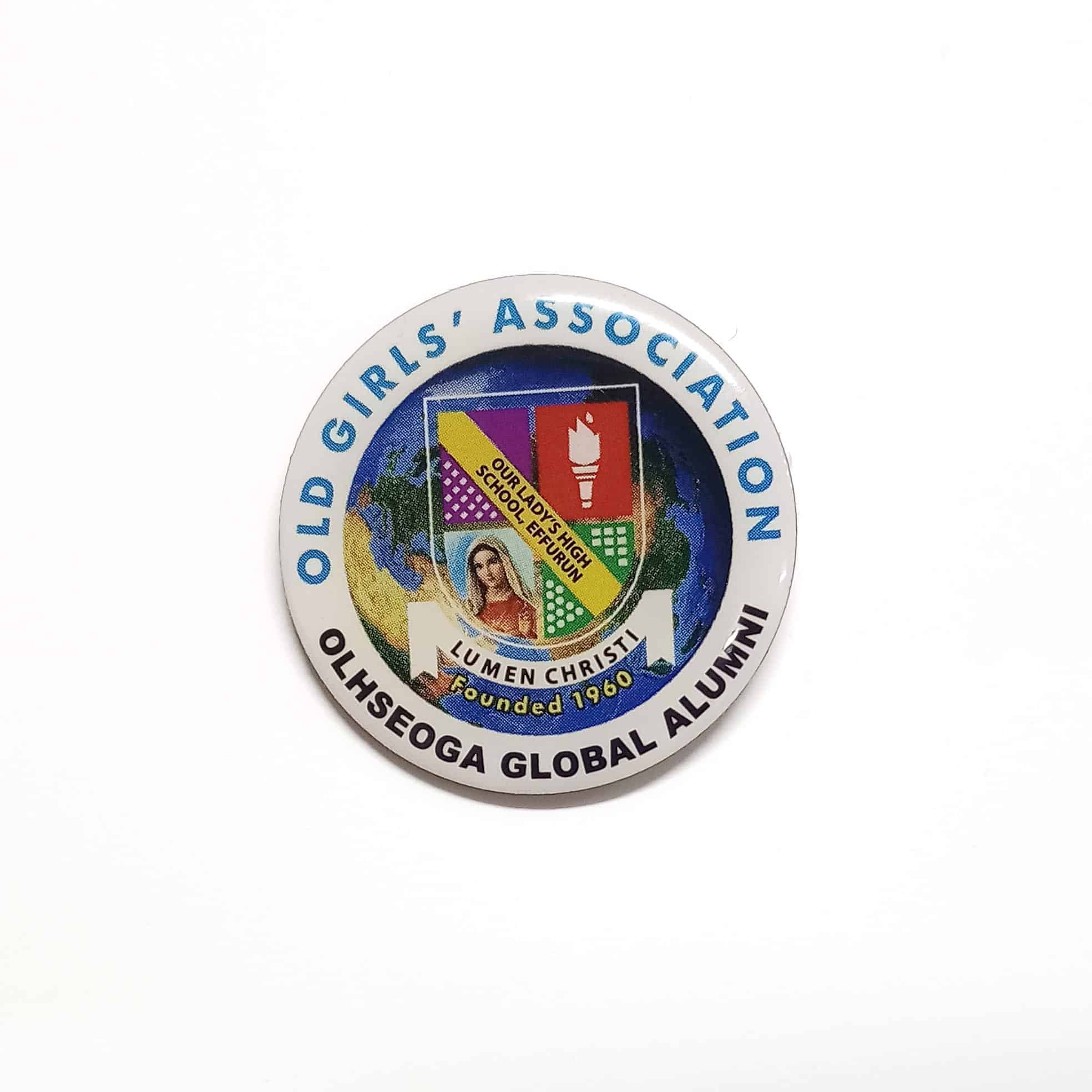 A circular stainless steel lapel pin featuring a logo with various colours, including blue, red, and green.