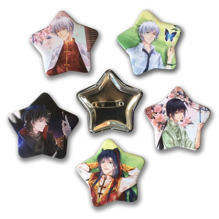 Five star-shaped badges featuring various character designs, with a mix of colours including blue, green, and pink.