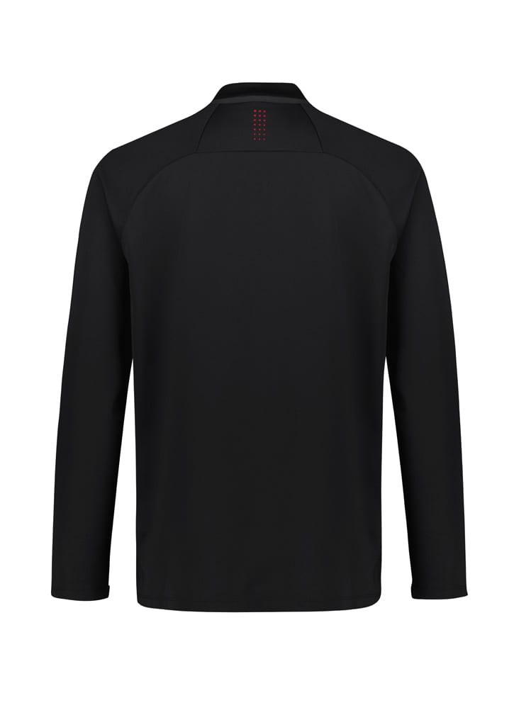 A black unisex mid-layer top with long sleeves and a simple design, featuring a logo on the back.