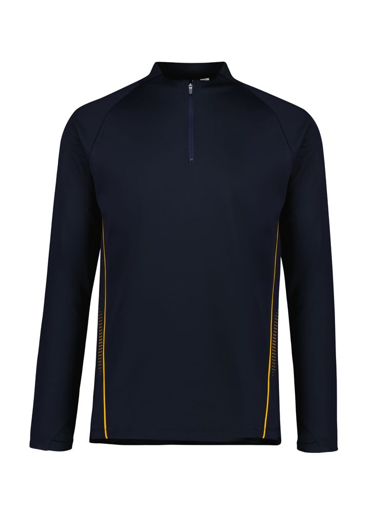 A navy unisex mid layer top with a quarter zip, featuring yellow side accents and a logo.