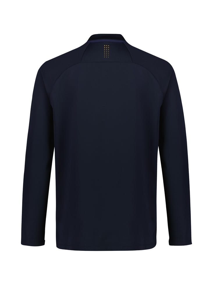 A unisex mid-layer top in navy blue, featuring a simple design with a logo on the back.