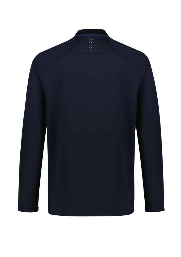 A navy unisex jumper made from polar fleece, featuring long sleeves and a simple design with a logo.